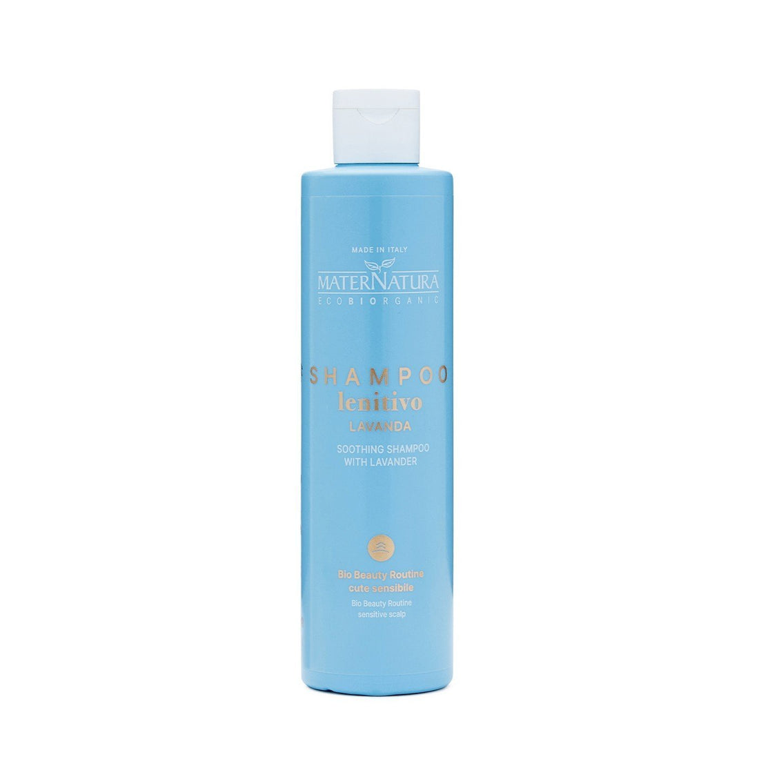 Champú calmante de lavanda para cuero cabelludo sensible de Maternatura, limpieza extra suave y natural.