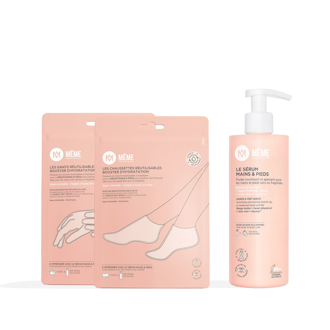 Pack hidratación manos y pies MÊME 300 ml con guantes y calcetines reutilizables para quimioterapia