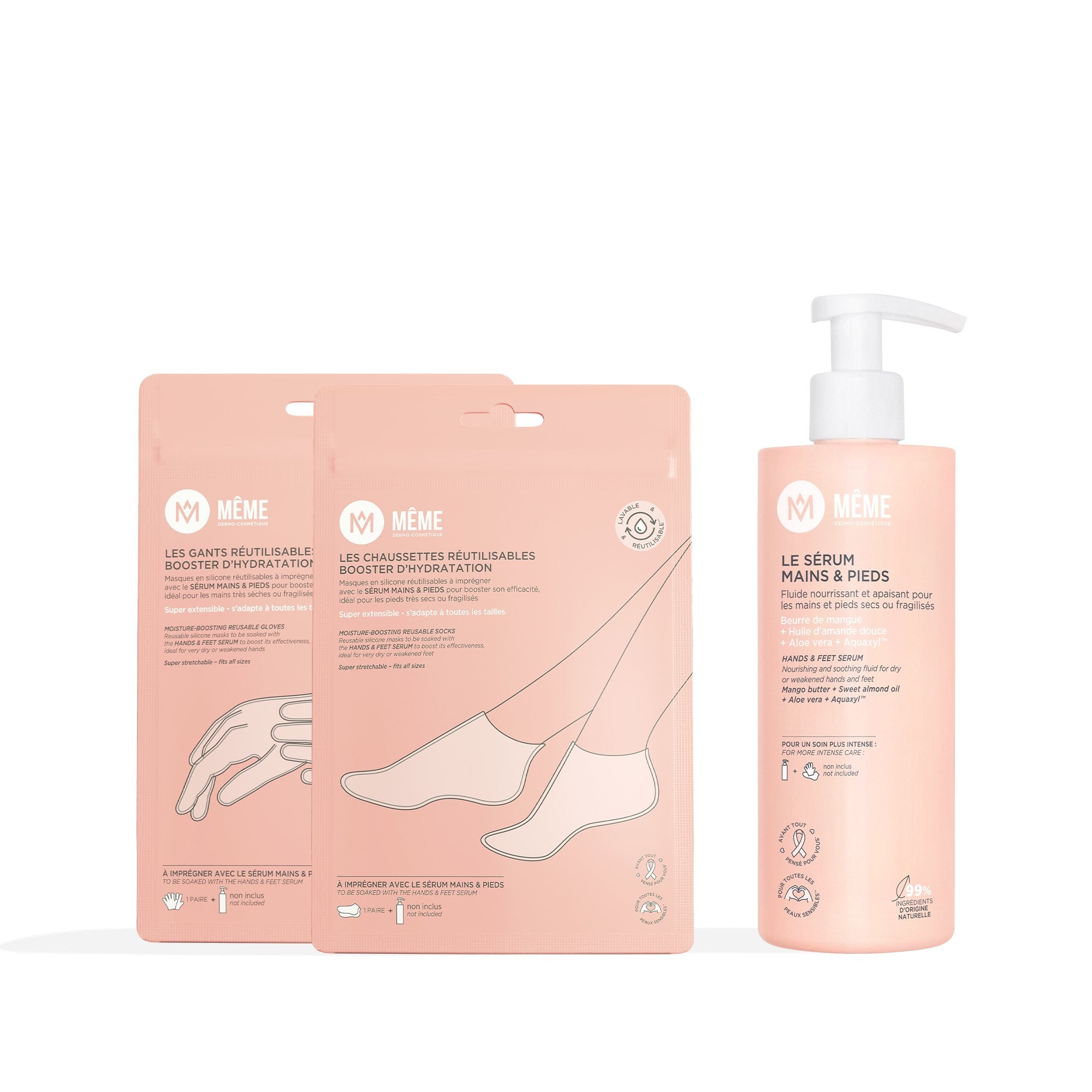 Pack hidratación manos y pies MÊME 300 ml con guantes y calcetines reutilizables para quimioterapia