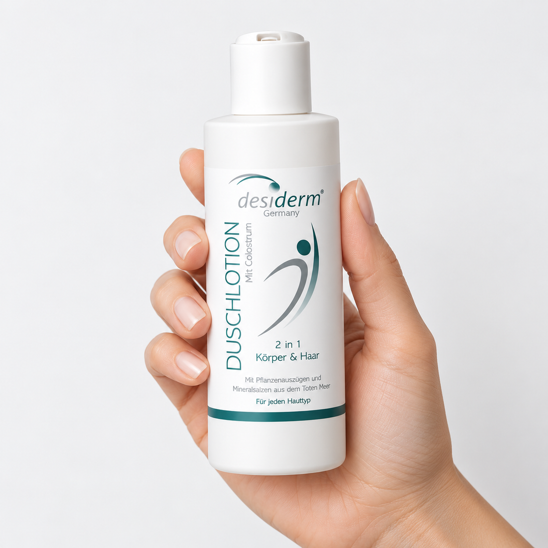 Desiderm Shower Lotion 200 ml, loción limpiadora suave 2 en 1 para cuerpo y cabello con calostro y aloe vera, para pieles sensibles.
