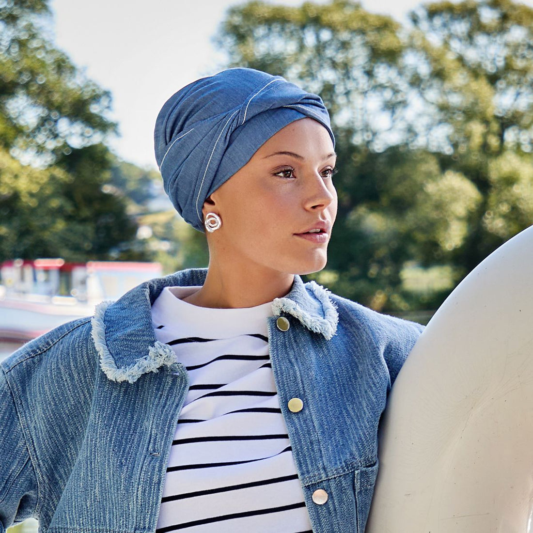 Mary Viva Turban Denim Flair de Christine Headwear turbante oncológico efecto denim con banda independiente