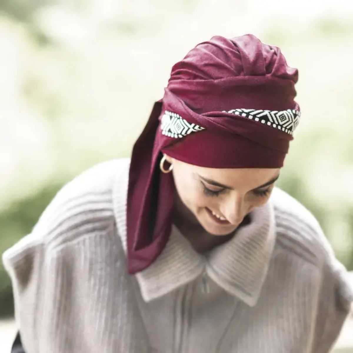 Turbante oncológico Smooth Ikat burdeos Bambú