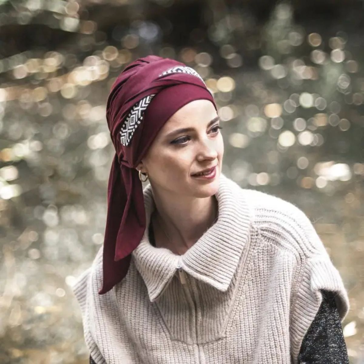 Turbante oncológico Smooth Ikat burdeos Bambú
