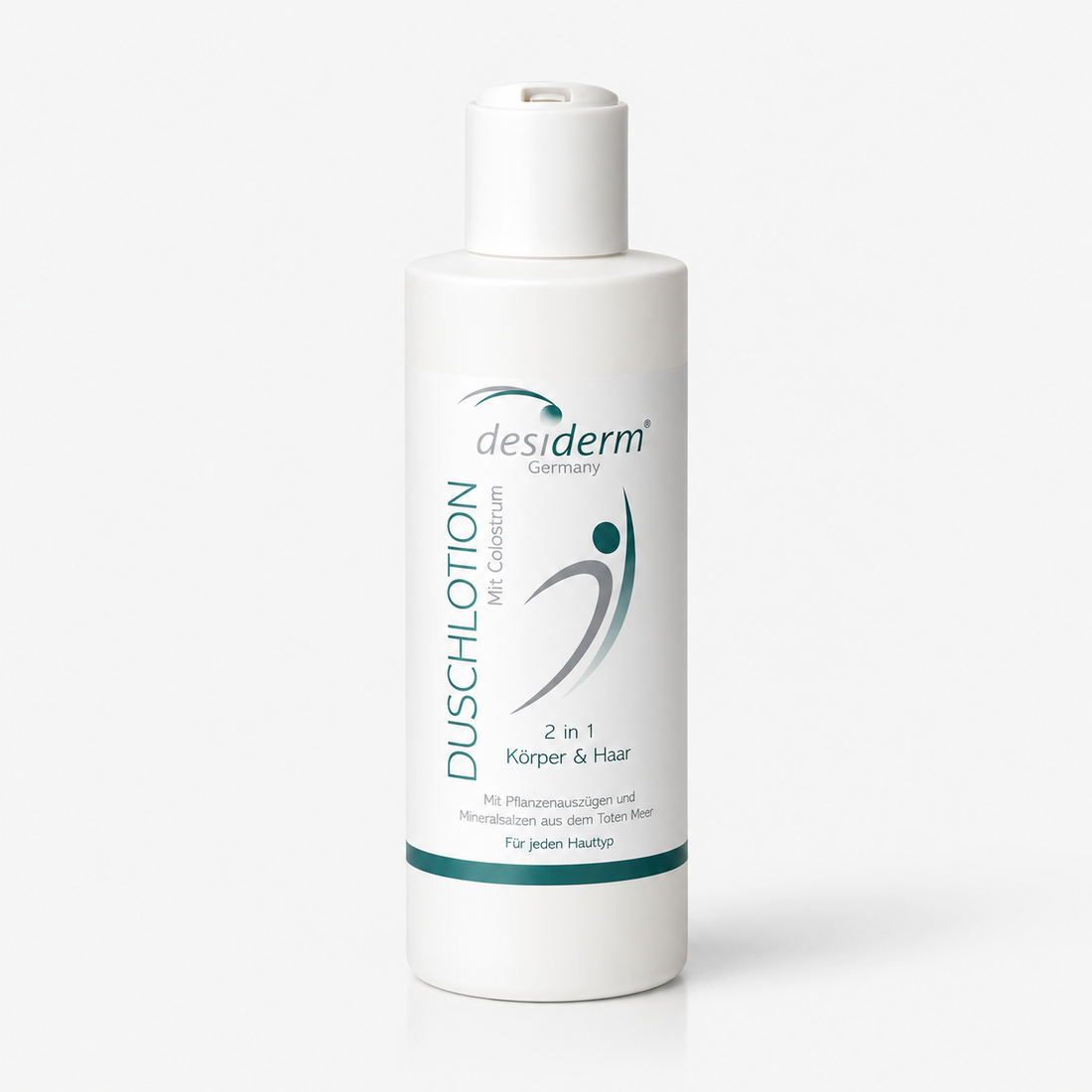 Desiderm Shower Lotion 200 ml, loción limpiadora suave 2 en 1 para cuerpo y cabello con calostro y aloe vera, para pieles sensibles.