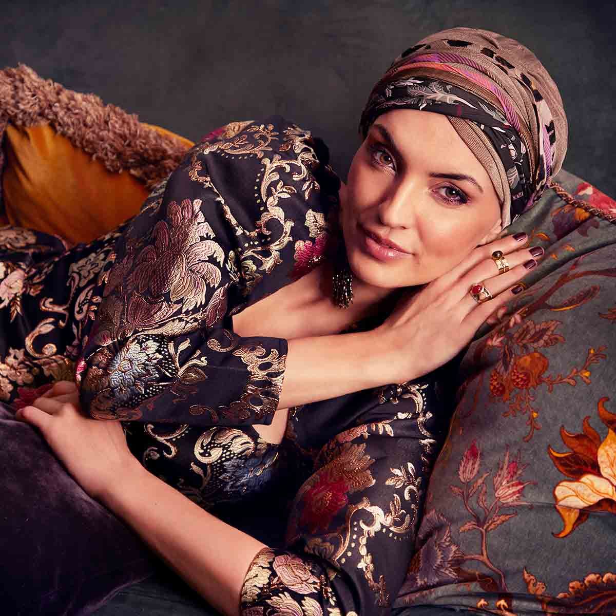 Scarlett Boho Turban Set 2 en 1  Dark Beige & Exotic Mix