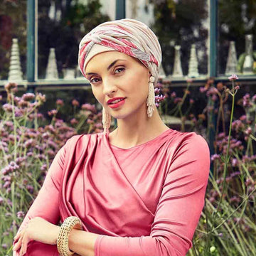 Scarlett Boho Turban Set Soft Beige & Red Glam Mix | Turbante oncológico 2 en 1