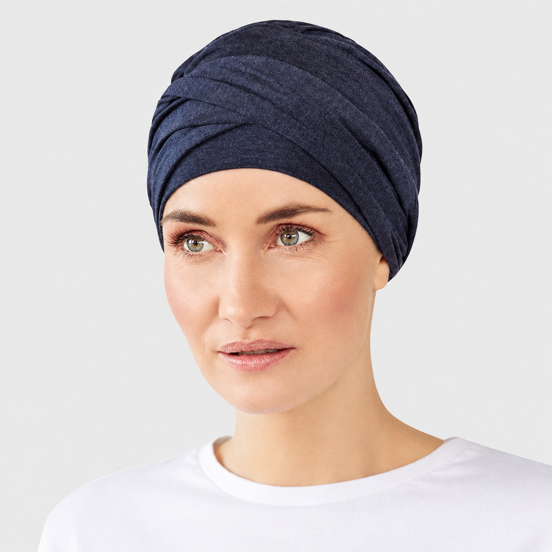 Shakti Turban 0391 Blue Melange de Christine Headwear turbante oncológico de bambú azul jaspeado