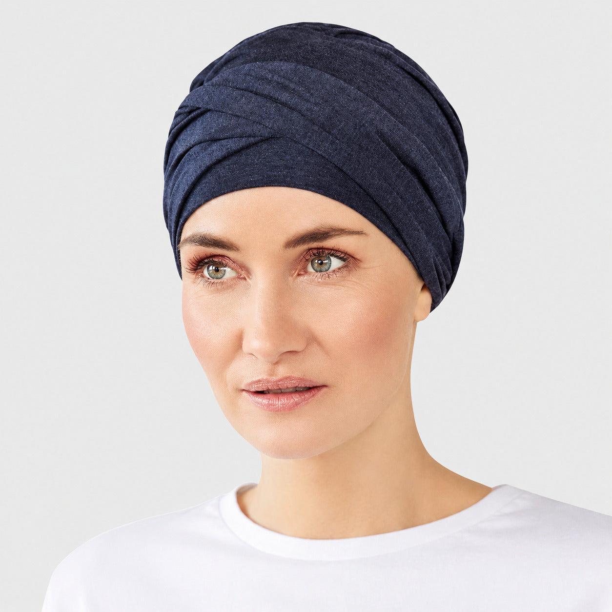 Shakti Turban 0391 Blue Melange de Christine Headwear turbante oncológico de bambú azul jaspeado